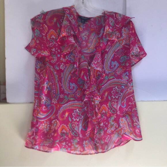 CHAPS Ralph Lauren Sheer Paisley Print Ruffle Flutter Sleeves Button Blouse 8 - Picture 2 of 16